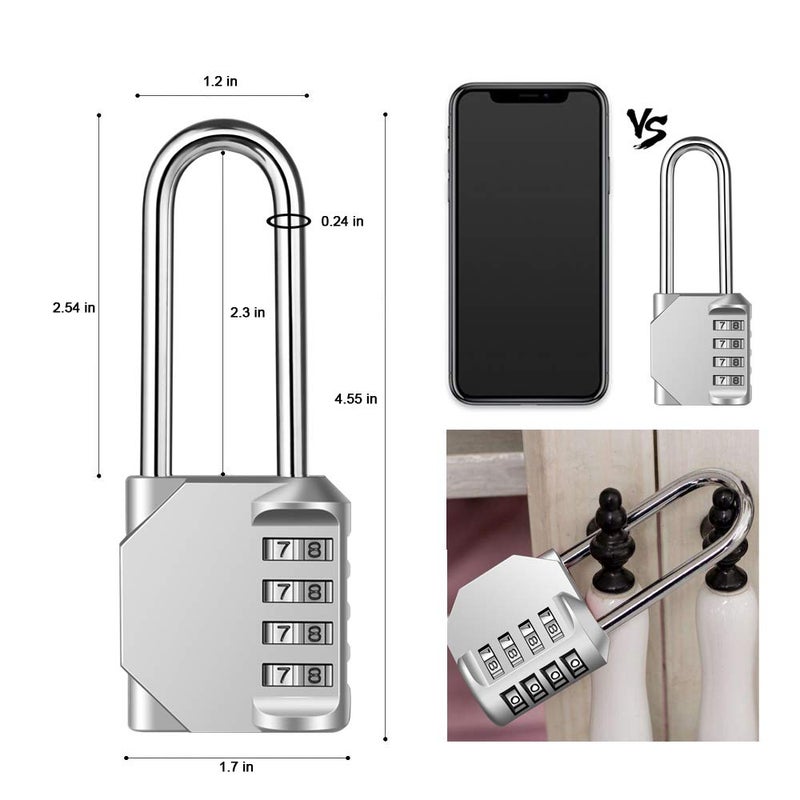 Disecu 2 Pack disecu 2.6 Inch Long Shackle Combination Lock, 4 Digit Outdoor Waterproof Padlock for School Gym Locker, Sports Locker, Storage Unit, Gate, Fence, Toolbox, Cabinet (Silver) - Image 4